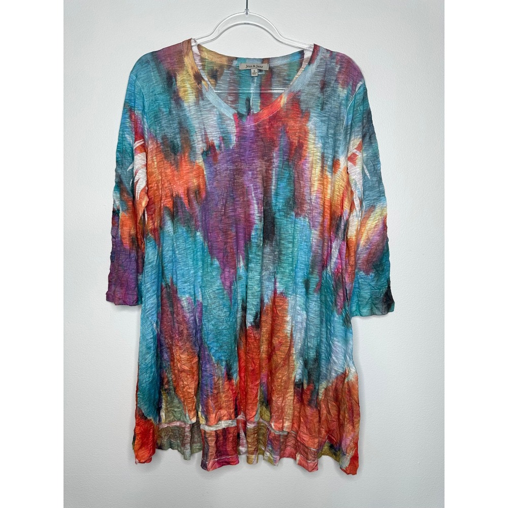 Jess & Jane Tie Dye Tunic Top V-Neck 3/4 Sleeve Size S Multi-Color Boho